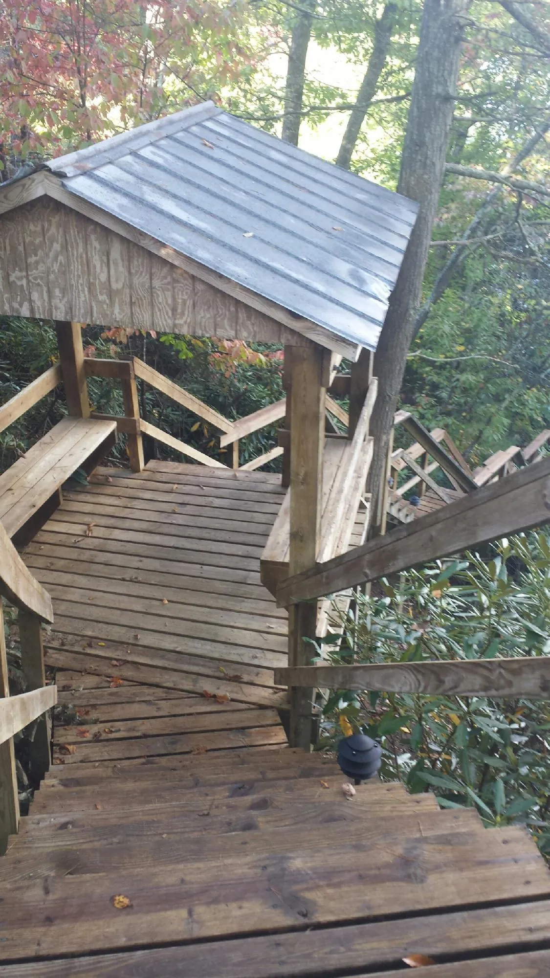 Metal roofed shelter over wooden steps on a wooded walkway — Skylight Repair & Installation work by our crew in Bringhurst